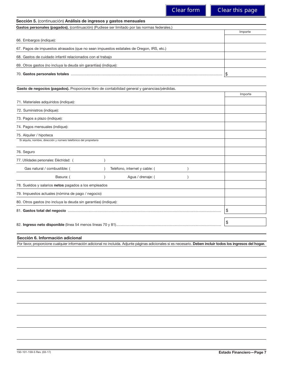 Formulario 150-101-159-5 (OR-SFC) Estado De Situacion Financiera - Oregon (Spanish), Page 7
