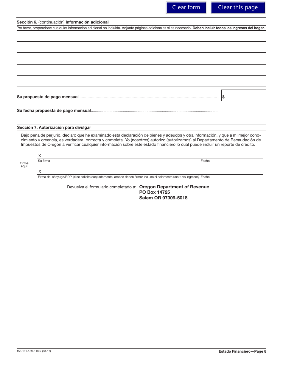 Formulario 150-101-159-5 (OR-SFC) Estado De Situacion Financiera - Oregon (Spanish), Page 8