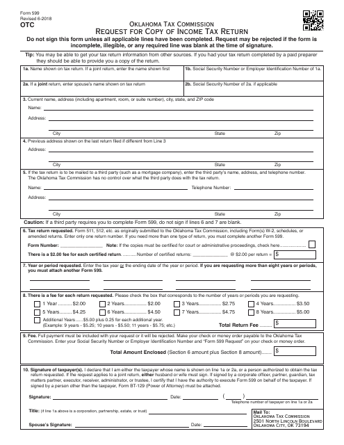 OTC Form 599 Request for Copy of Income Tax Return - Oklahoma