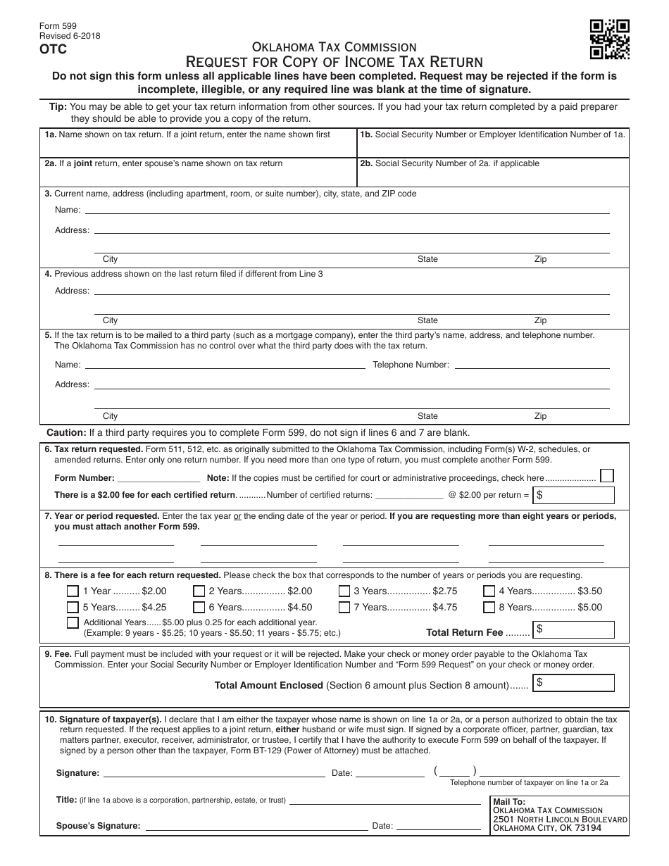 OTC Form 599 Request for Copy of Income Tax Return - Oklahoma, Page 1