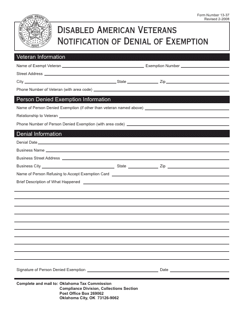 OTC Form 13-37 Disabled American Veterans Notification of Denial of Exemption - Oklahoma