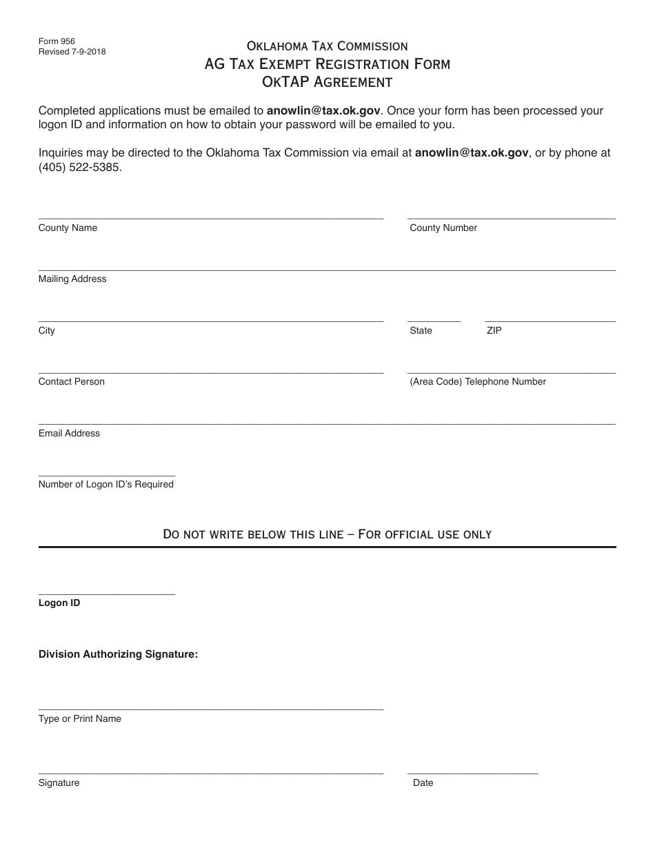 OTC Form 956 Ag Tax Exempt Registration Form Oktap Agreement - Oklahoma, Page 1