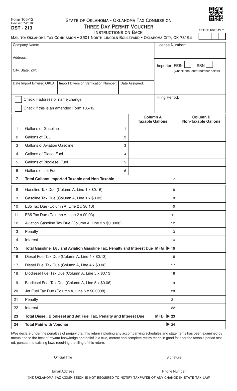 OTC Form DST-213 (105-12) Three Day Permit Voucher - Oklahoma, Page 2