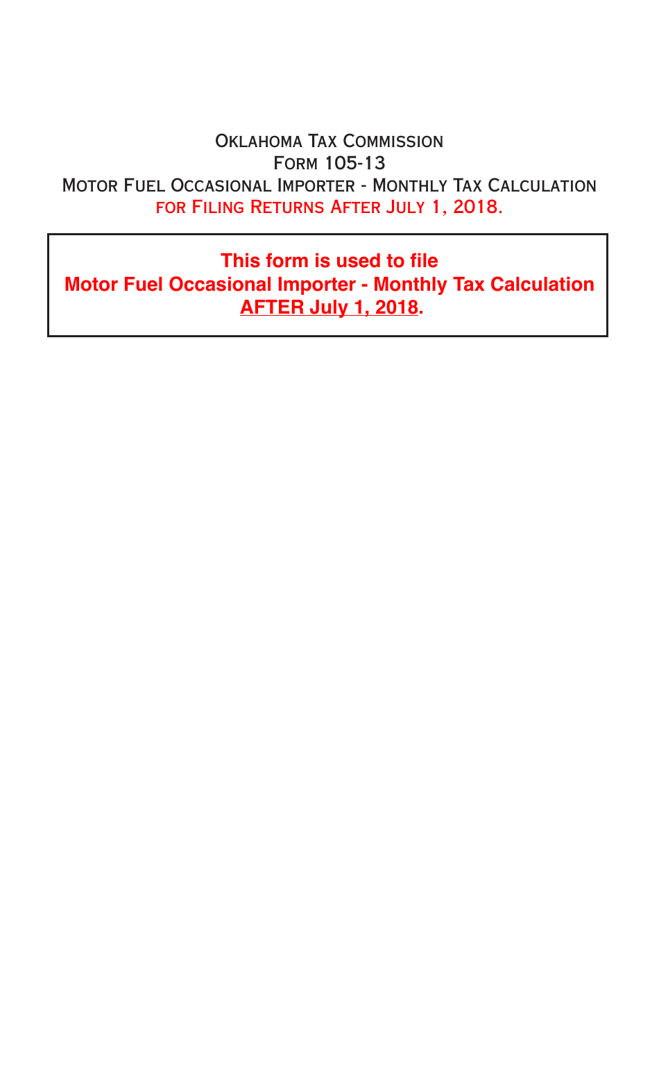 OTC Form DST-210 (105-13) Motor Fuel Occasional Importer - Monthly Tax Calculation - Oklahoma, Page 1