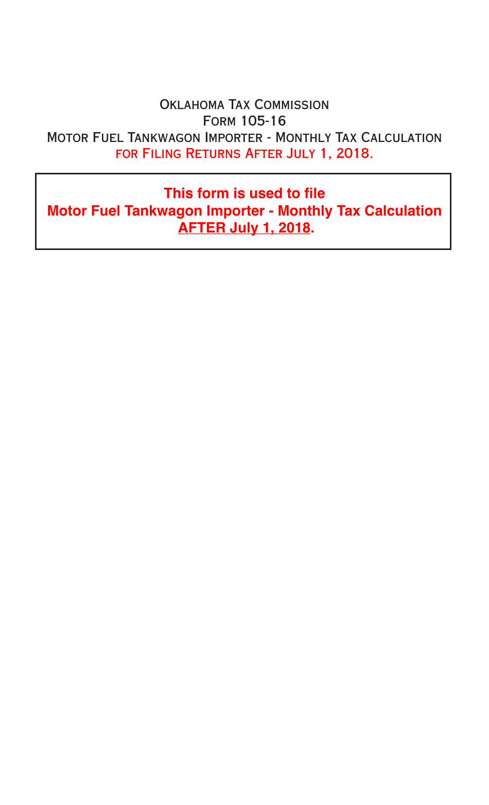 OTC Form 105-16 Motor Fuel Tankwagon Importer - Monthly Tax Calculation - Oklahoma, Page 1