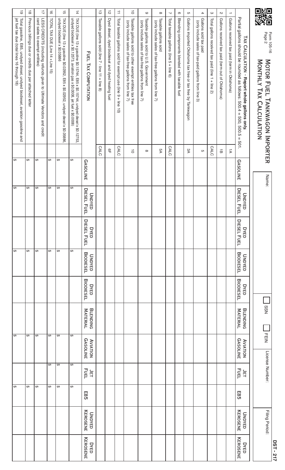 OTC Form 105-16 Motor Fuel Tankwagon Importer - Monthly Tax Calculation - Oklahoma, Page 3