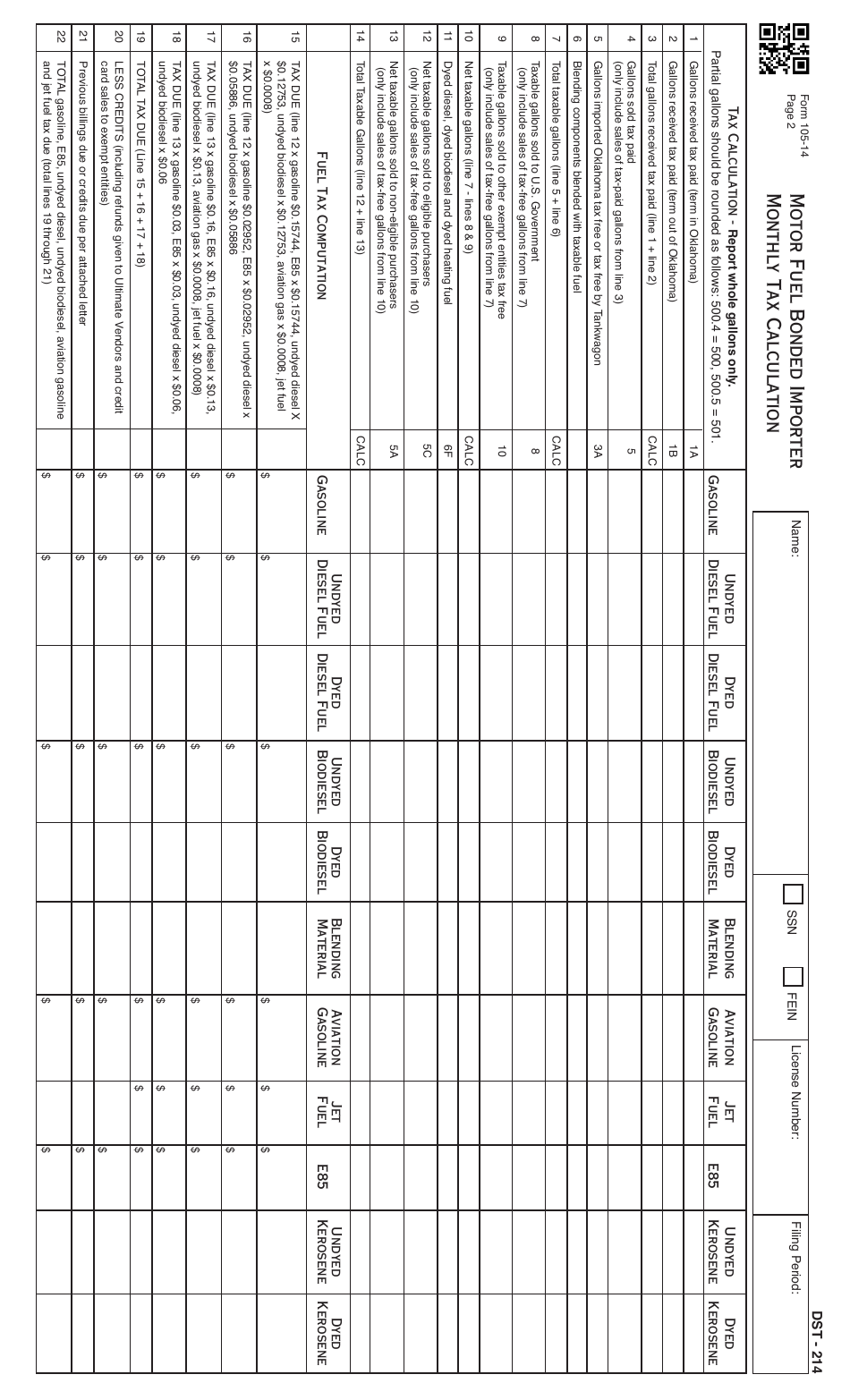 OTC Form DST-214 (105-14) Motor Fuel Bonded Importer - Monthly Tax Calculation - Oklahoma, Page 3