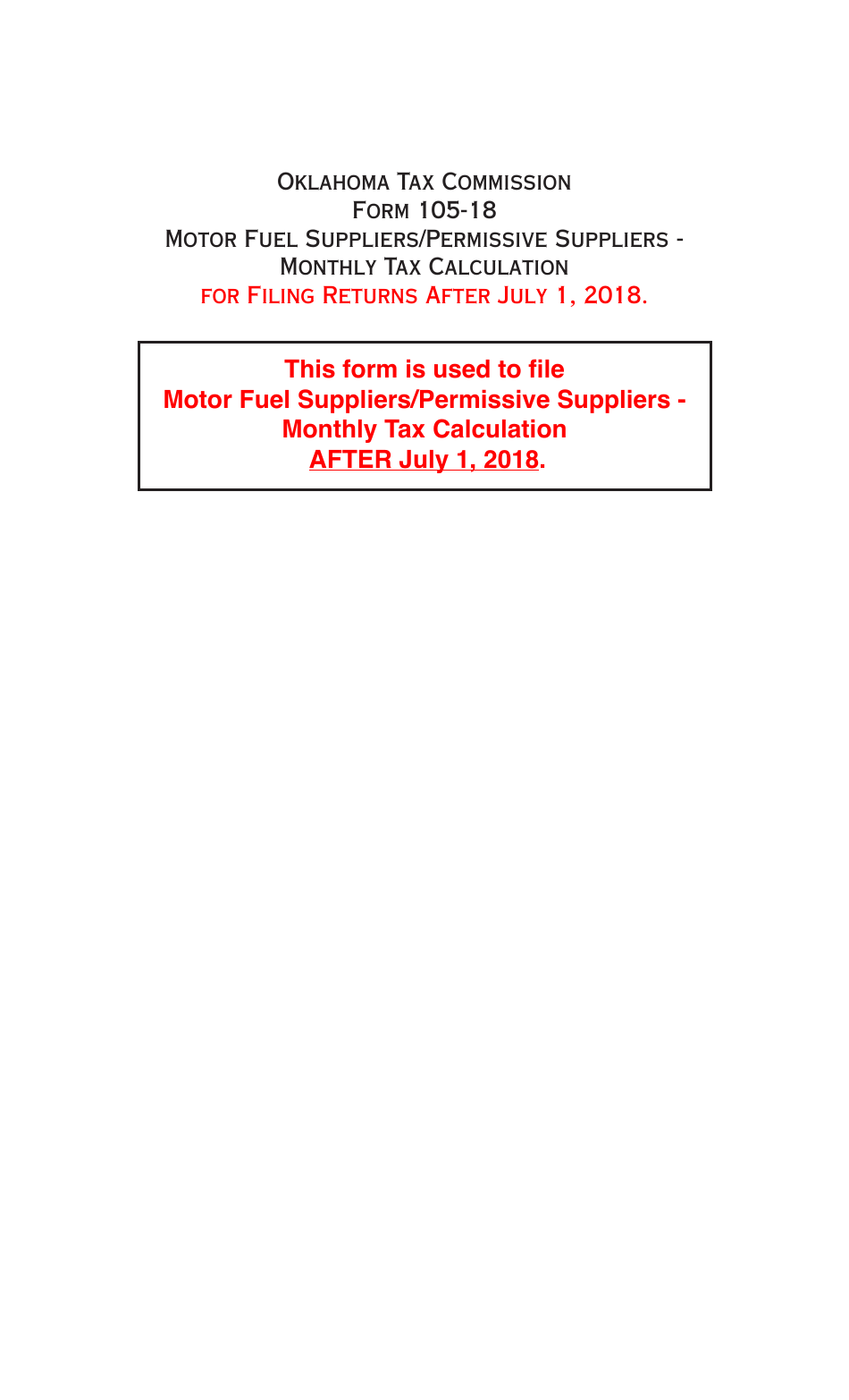 OTC Form DST-205 (105-18) Motor Fuel Suppliers / Permissive Suppliers - Monthly Tax Calculation - Oklahoma, Page 1