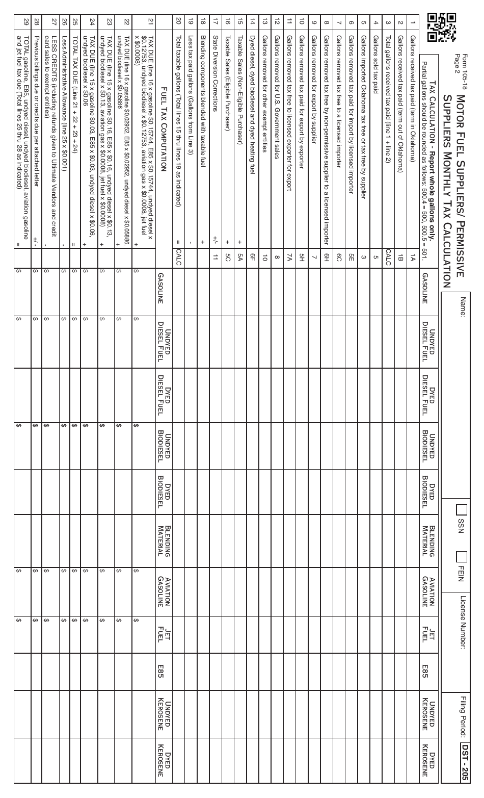 OTC Form DST-205 (105-18) Motor Fuel Suppliers / Permissive Suppliers - Monthly Tax Calculation - Oklahoma, Page 3