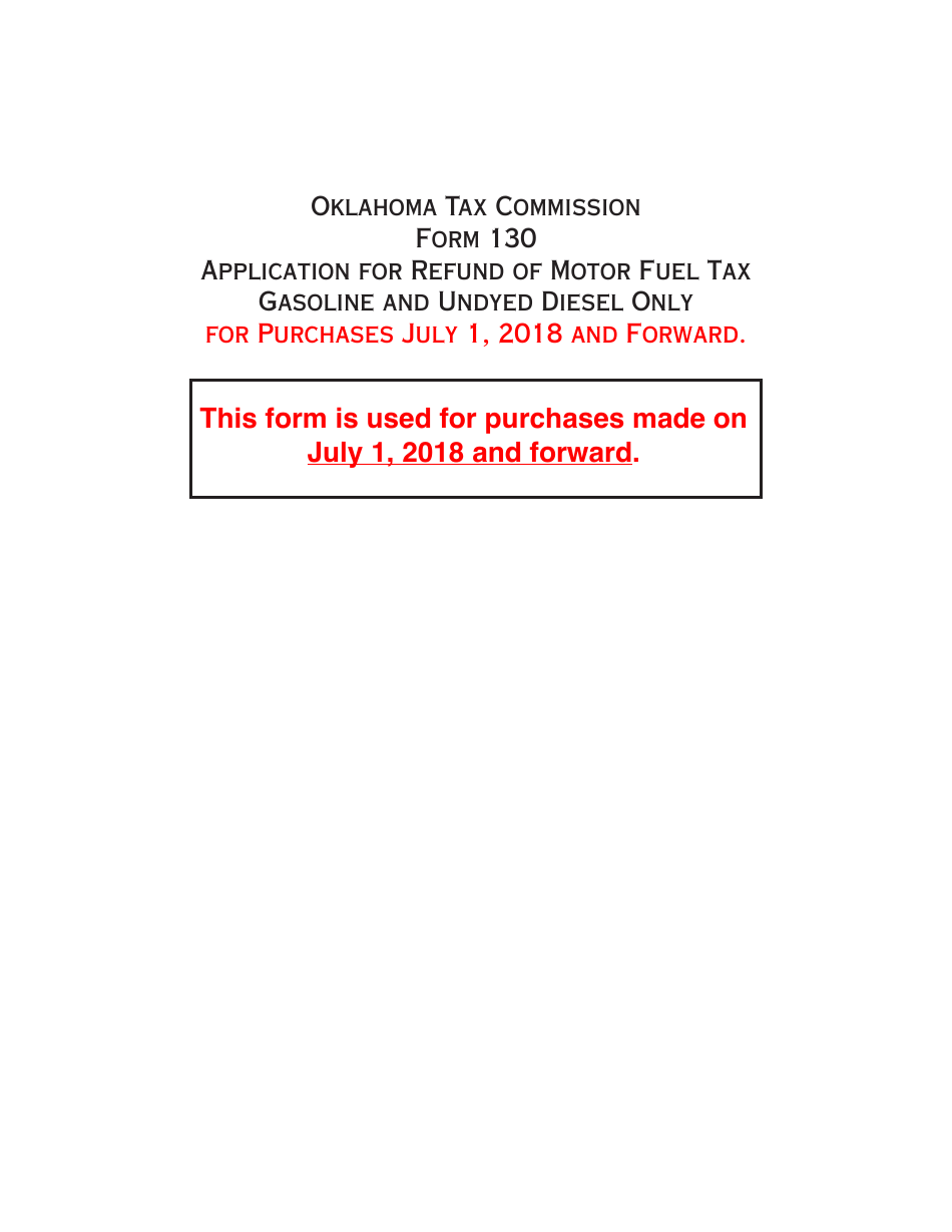 OTC Form 130 Application for Refund of Motor Fuel Tax Gasoline and Undyed Diesel Only - Oklahoma, Page 1
