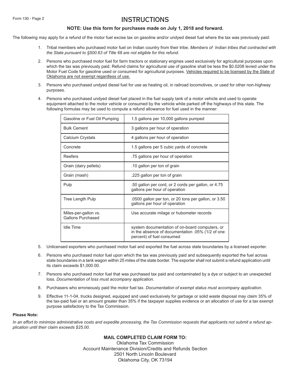 OTC Form 130 Application for Refund of Motor Fuel Tax Gasoline and Undyed Diesel Only - Oklahoma, Page 3