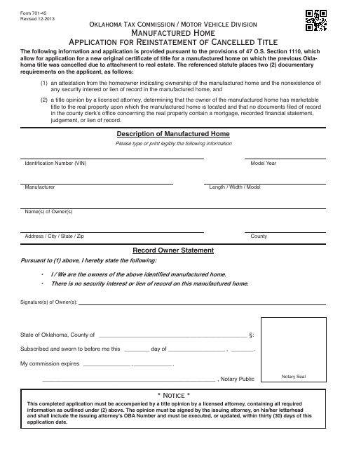 OTC Form 701-45 Manufactured Home Application for Reinstatement of Cancelled Title - Oklahoma