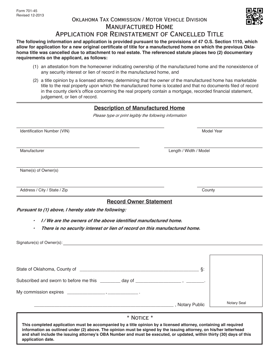 OTC Form 701-45 Manufactured Home Application for Reinstatement of Cancelled Title - Oklahoma, Page 1