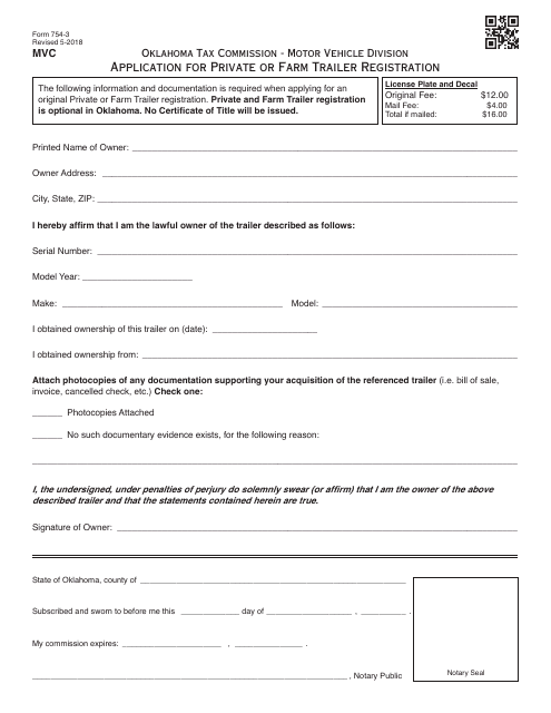 OTC Form 754-3 Application for Private or Farm Trailer Registration - Oklahoma