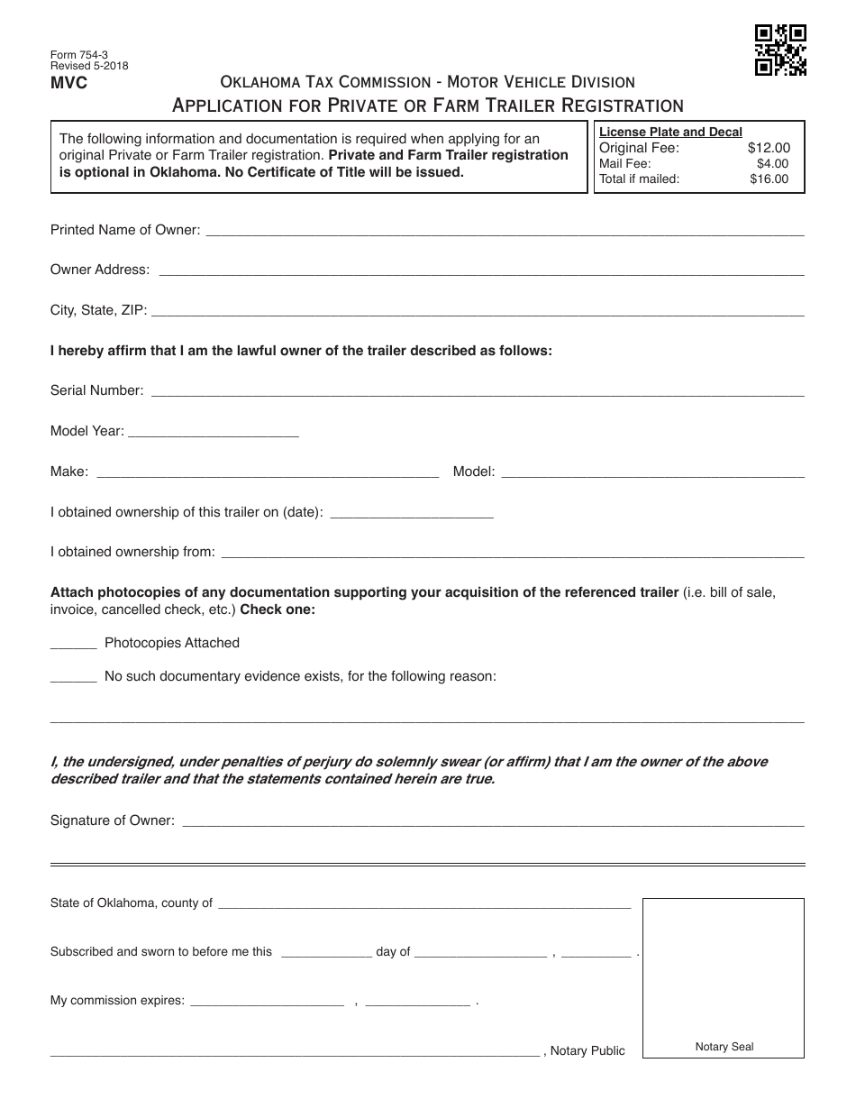 OTC Form 754-3 Application for Private or Farm Trailer Registration - Oklahoma, Page 1