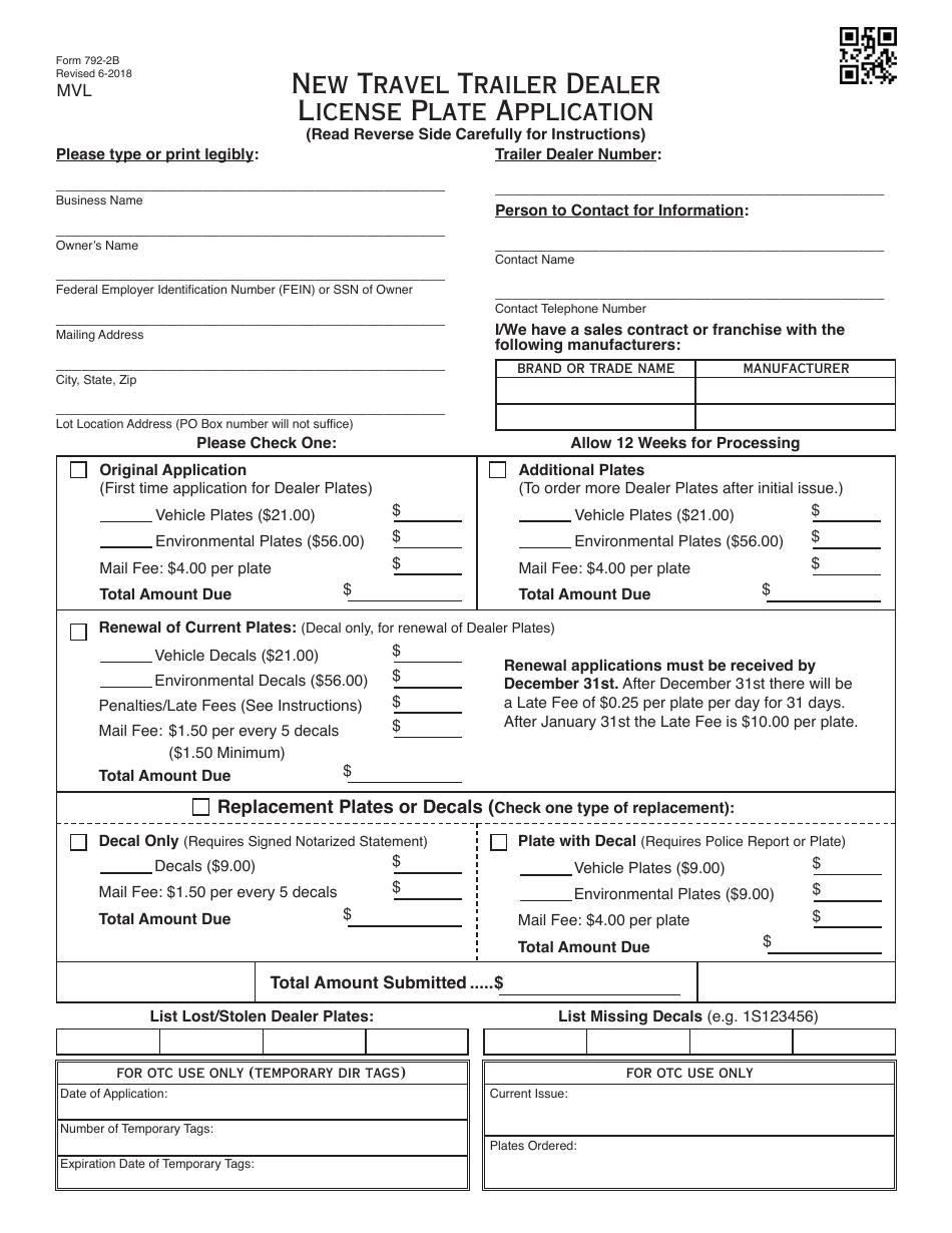 OTC Form 792-2b New Travel Trailer Dealer License Plate Application - Oklahoma, Page 1