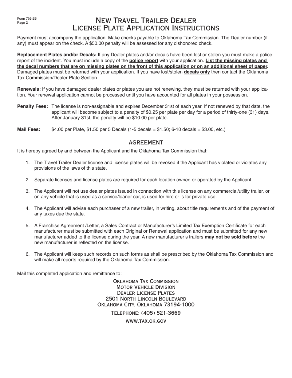 OTC Form 792-2b New Travel Trailer Dealer License Plate Application - Oklahoma, Page 2