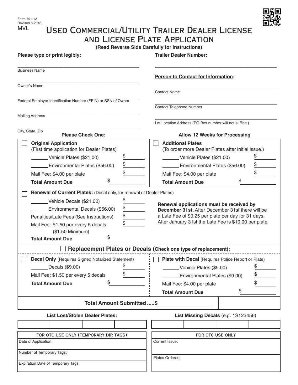 OTC Form 791-1a Used Commercial / Utility Trailer Dealer License and License Plate Application - Oklahoma, Page 1