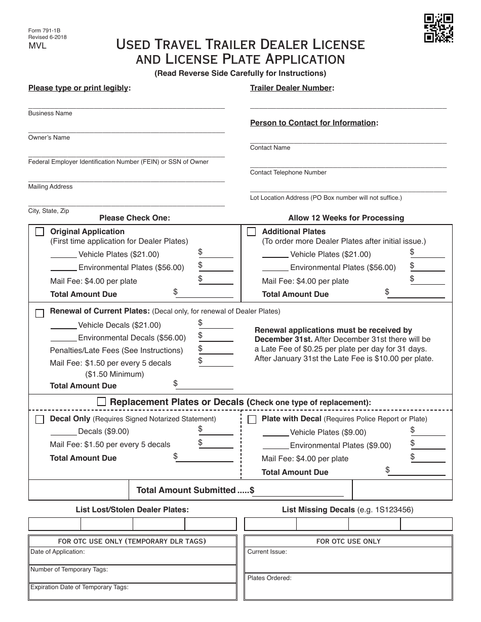 OTC Form 791-1B Used Travel Trailer Dealer License and License Plate Application - Oklahoma, Page 1