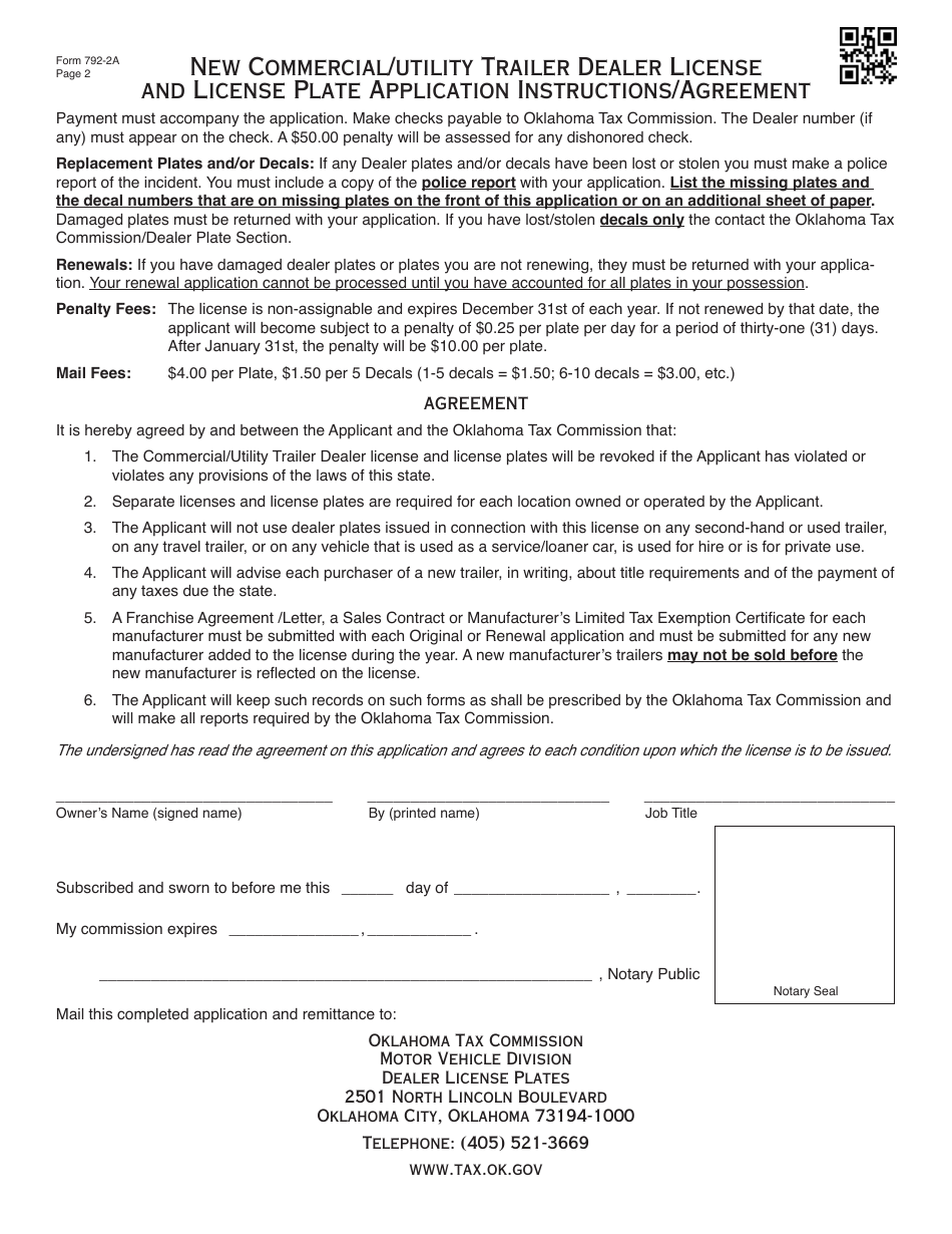OTC Form 792-2a New Commercial / Utility Trailer Dealer License and License Plate Application - Oklahoma, Page 2