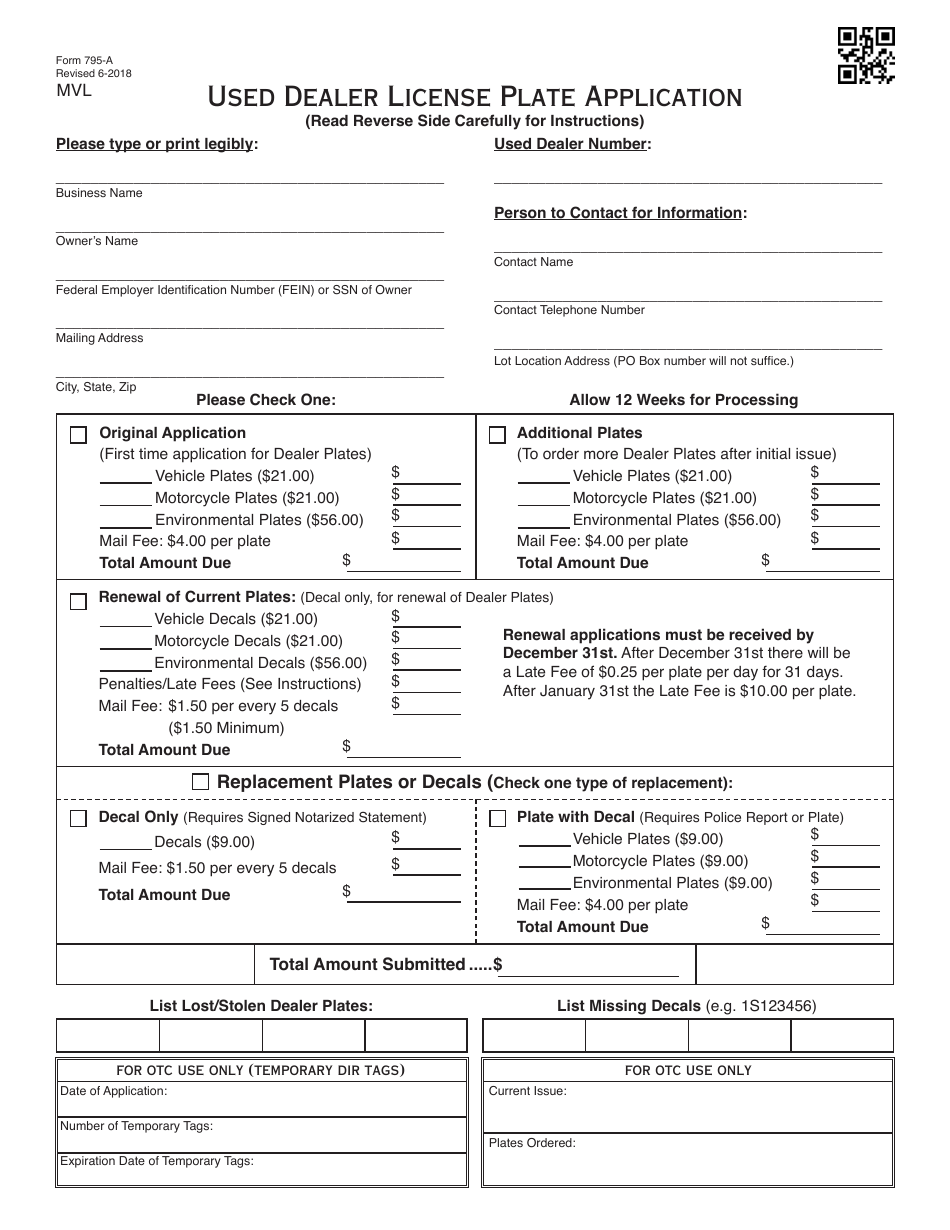 OTC Form 795-a Used Dealer License Plate Application - Oklahoma, Page 1
