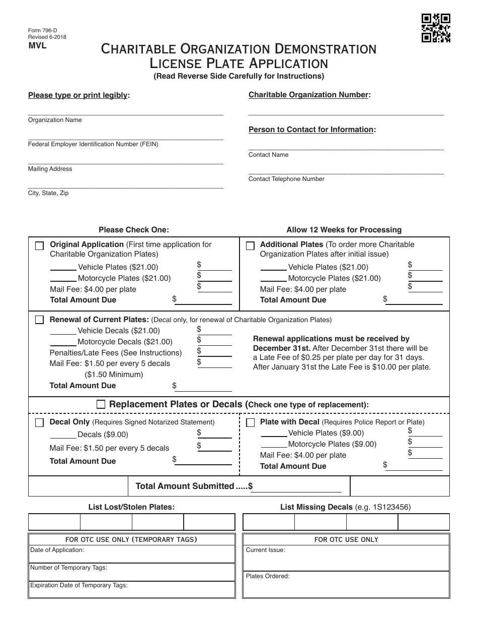 OTC Form 796-d Charitable Organization Demonstration License Plate Application - Oklahoma, Page 1