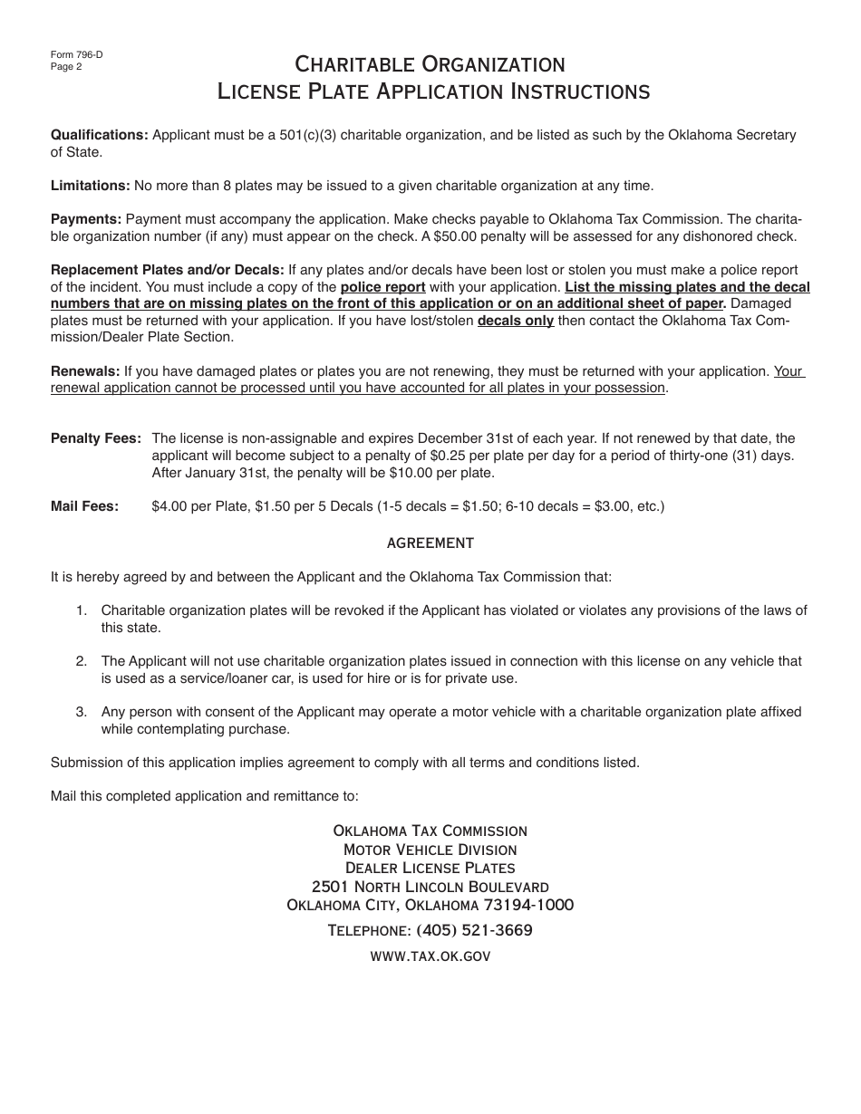 OTC Form 796-d Charitable Organization Demonstration License Plate Application - Oklahoma, Page 2