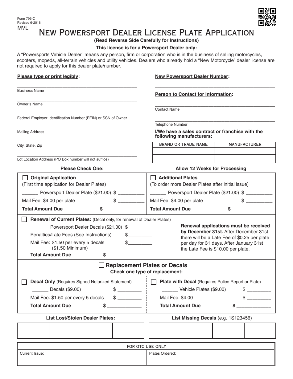 OTC Form 796-c New Powersport Dealer License Plate Application - Oklahoma, Page 1
