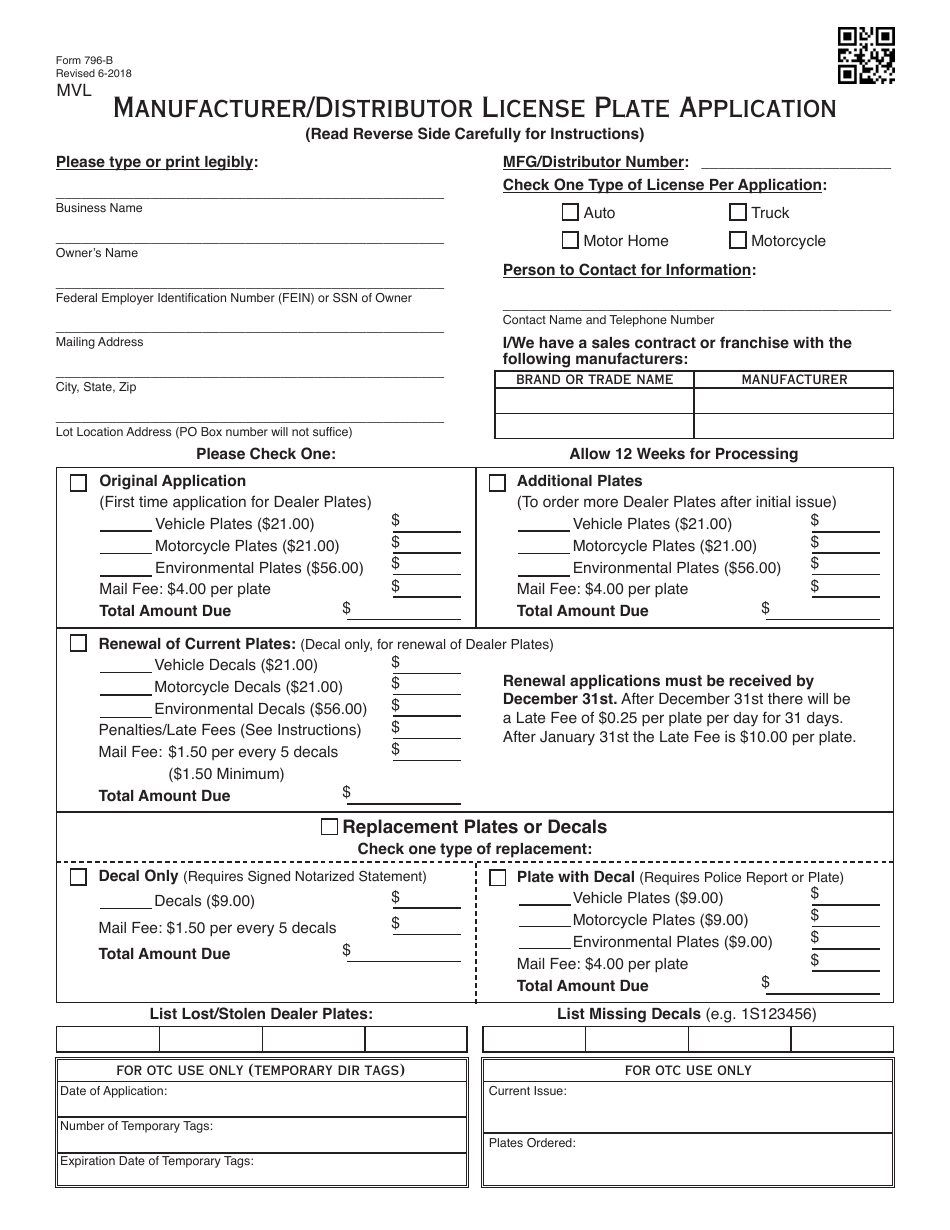 OTC Form 796-b Manufacturer / Distributor License Plate Application - Oklahoma, Page 1