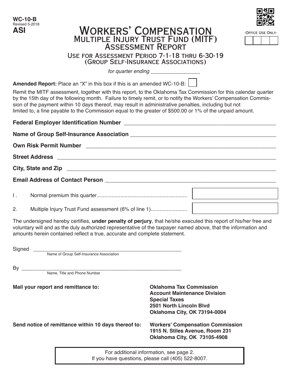 OTC Form WC-10-B Workers Compensation Multiple Injury Trust Fund (Mitf) Assessment Report - Group Self-insurance Associations - Oklahoma, Page 1
