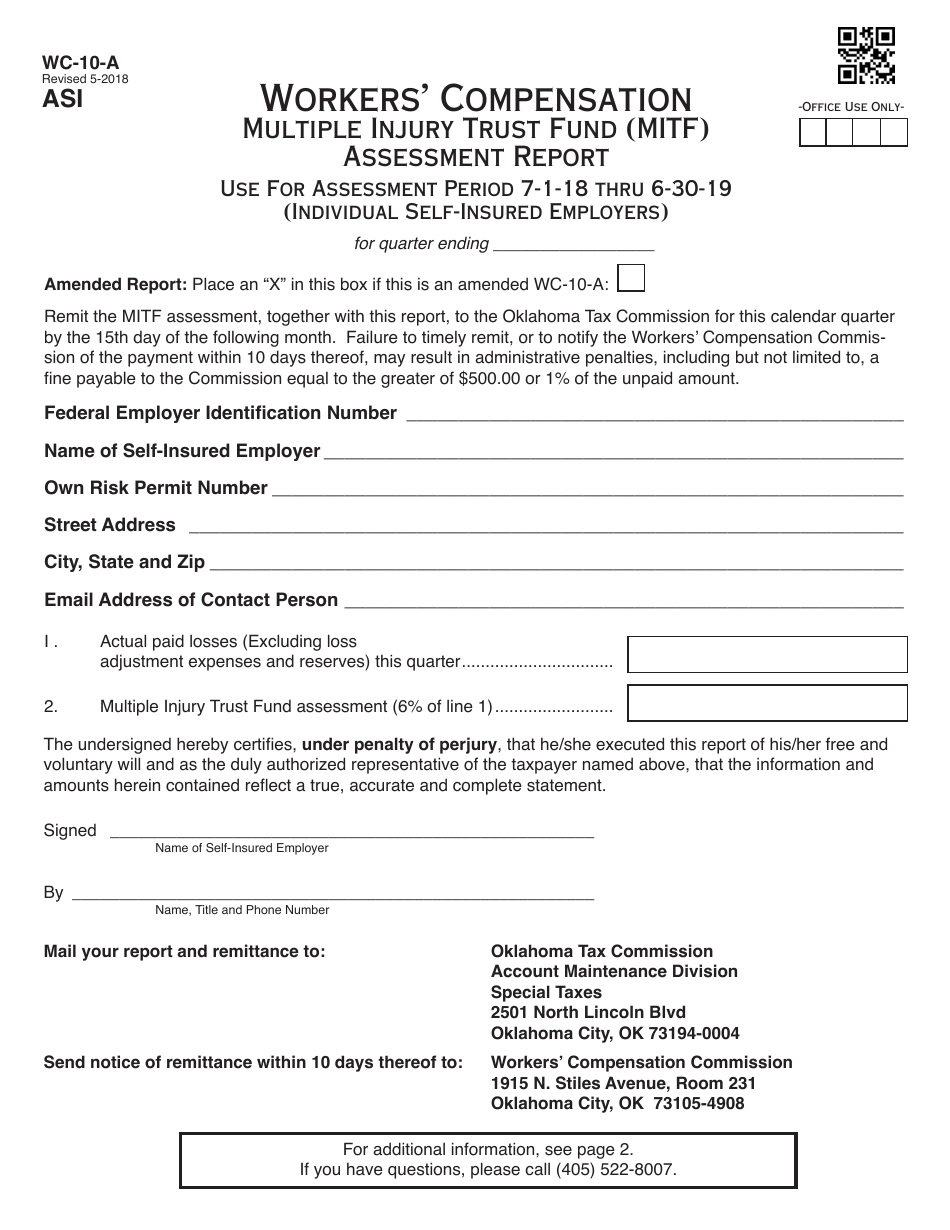 OTC Form WC-10-A Workers Compensation Multiple Injury Trust Fund (Mitf) Assessment Report - Individual Self-insured Employers - Oklahoma, Page 1