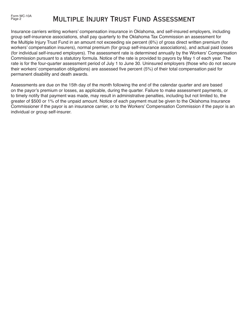 OTC Form WC-10-A Workers Compensation Multiple Injury Trust Fund (Mitf) Assessment Report - Individual Self-insured Employers - Oklahoma, Page 2