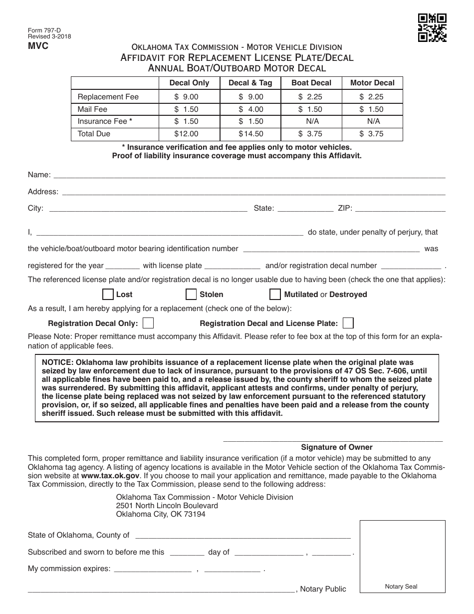 OTC Form 797-d Affidavit for Replacement License Plate / Decal Annual Boat / Outboard Motor Decal - Oklahoma, Page 1