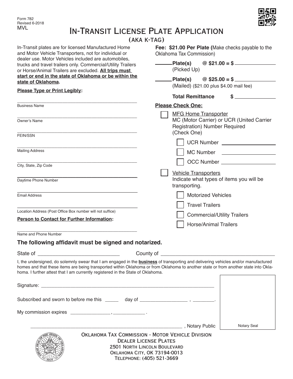 OTC Form 782 In-transit License Plate Application - Oklahoma, Page 1