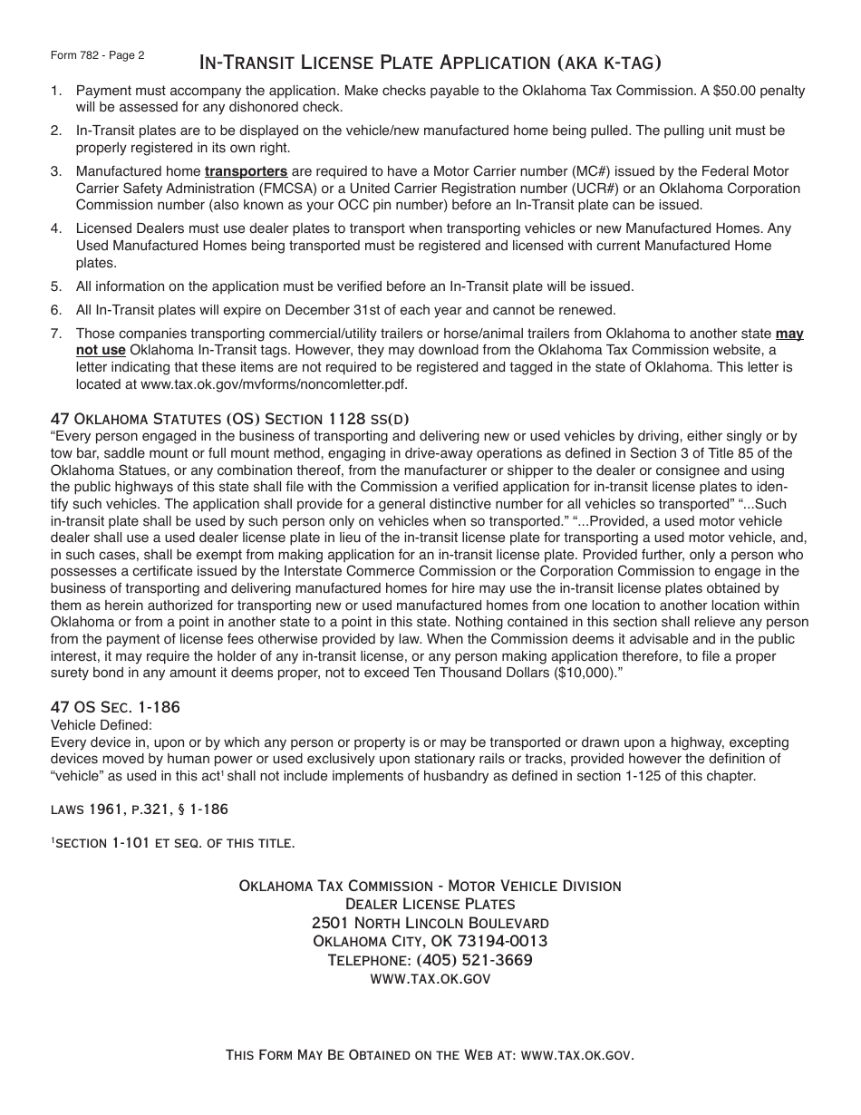 OTC Form 782 In-transit License Plate Application - Oklahoma, Page 2
