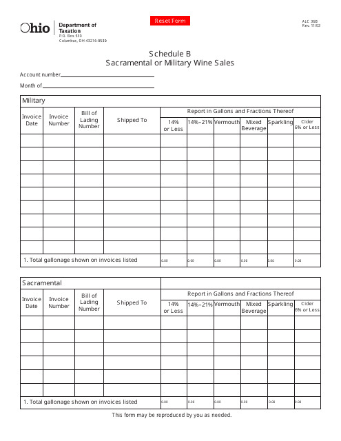 Form ALC36B Schedule B Sacramental or Military Wine Sales - Ohio
