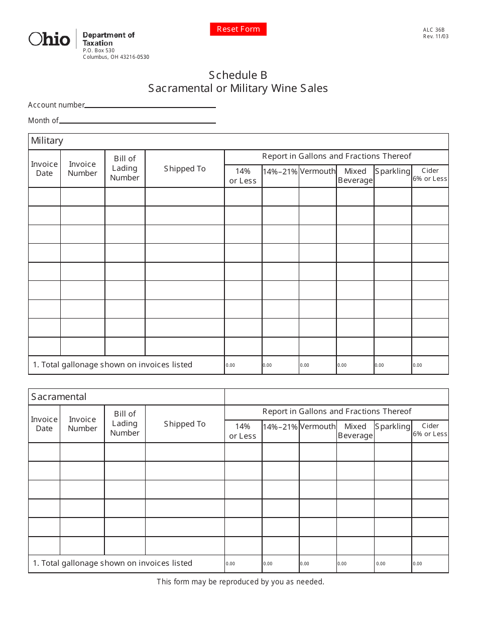 Form ALC36B Schedule B Sacramental or Military Wine Sales - Ohio, Page 1