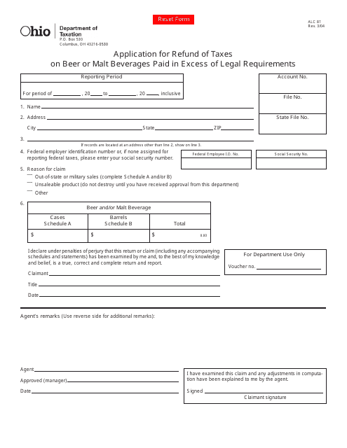 Form ALC81 Application for Refund of Taxes on Beer or Malt Beverages Paid in Excess of Legal Requirements - Ohio