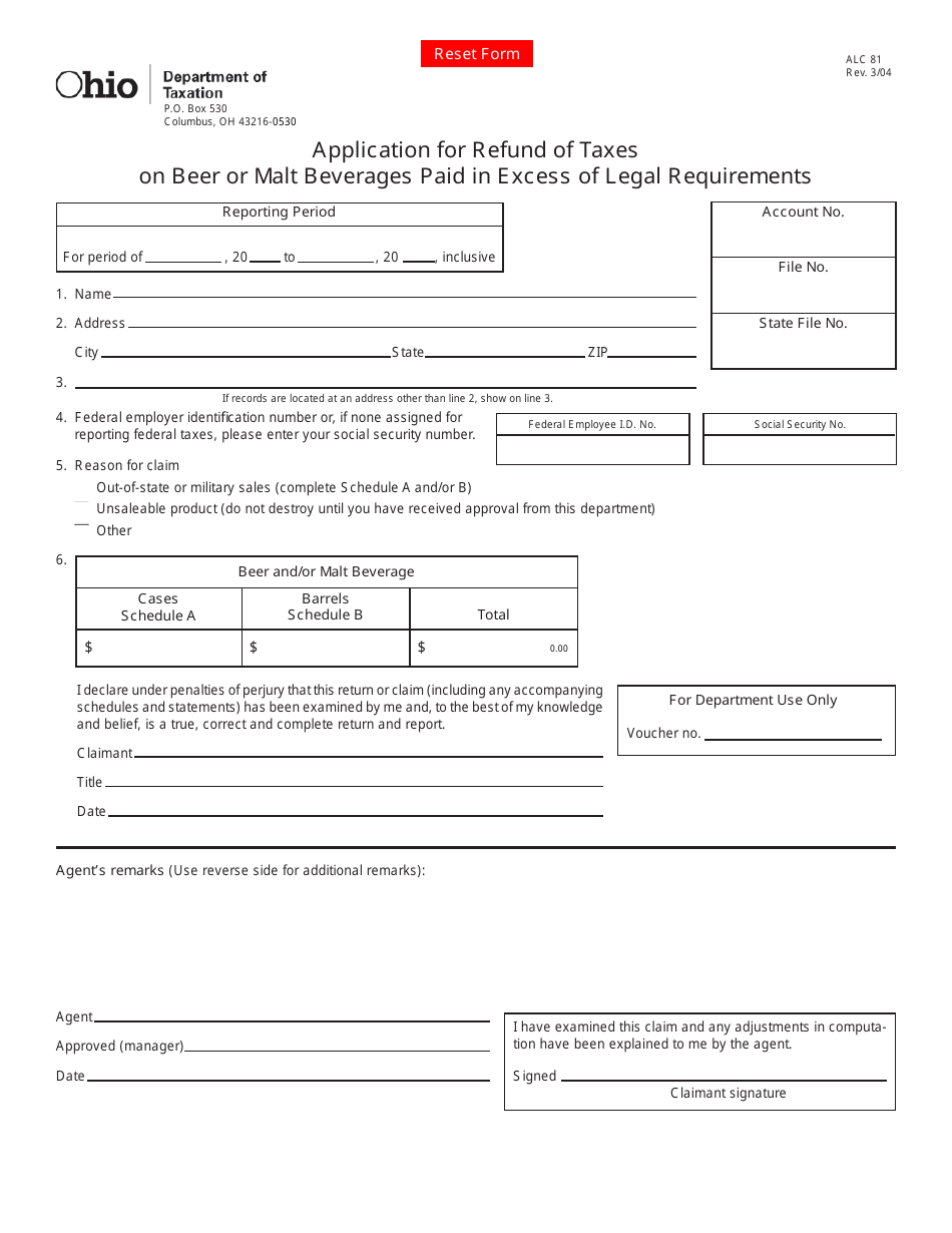 Form ALC81 Application for Refund of Taxes on Beer or Malt Beverages Paid in Excess of Legal Requirements - Ohio, Page 1