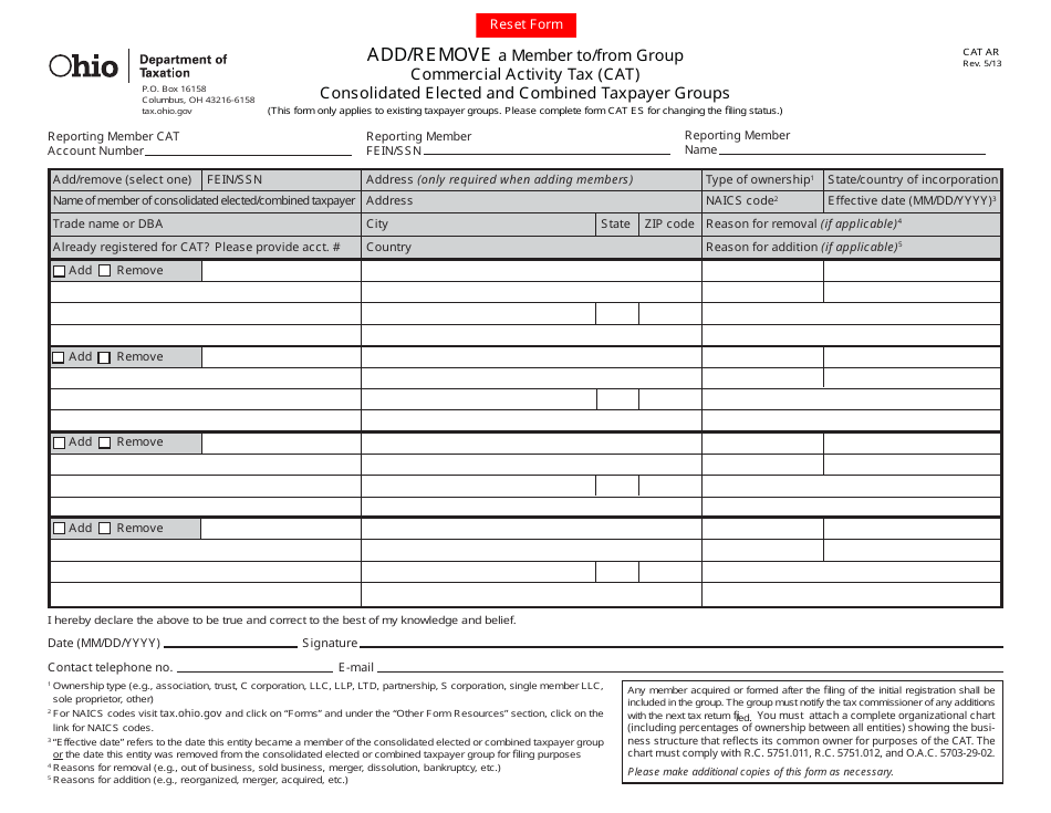 Form CAT AR Add / Remove Cat Ar a Member to / From Group Commercial Activity Tax (CAT) Consolidated Elected and Combined Taxpayer Groups - Ohio, Page 1