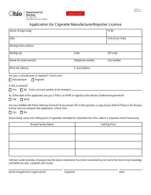 Form CIG01 Application for Cigarette Manufacturer/Importer License - Ohio