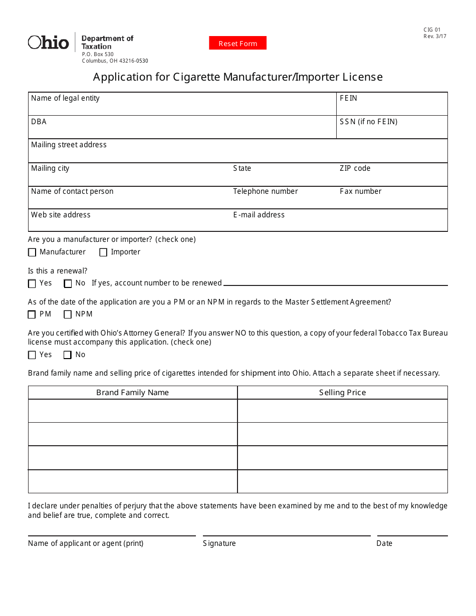 Form CIG01 Application for Cigarette Manufacturer / Importer License - Ohio, Page 1