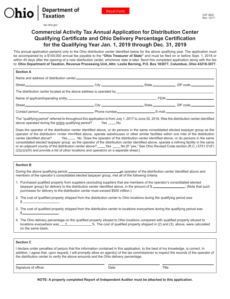 Form CAT QDC Annual Application for Distribution Center Qualifying Certificate - Ohio, Page 1