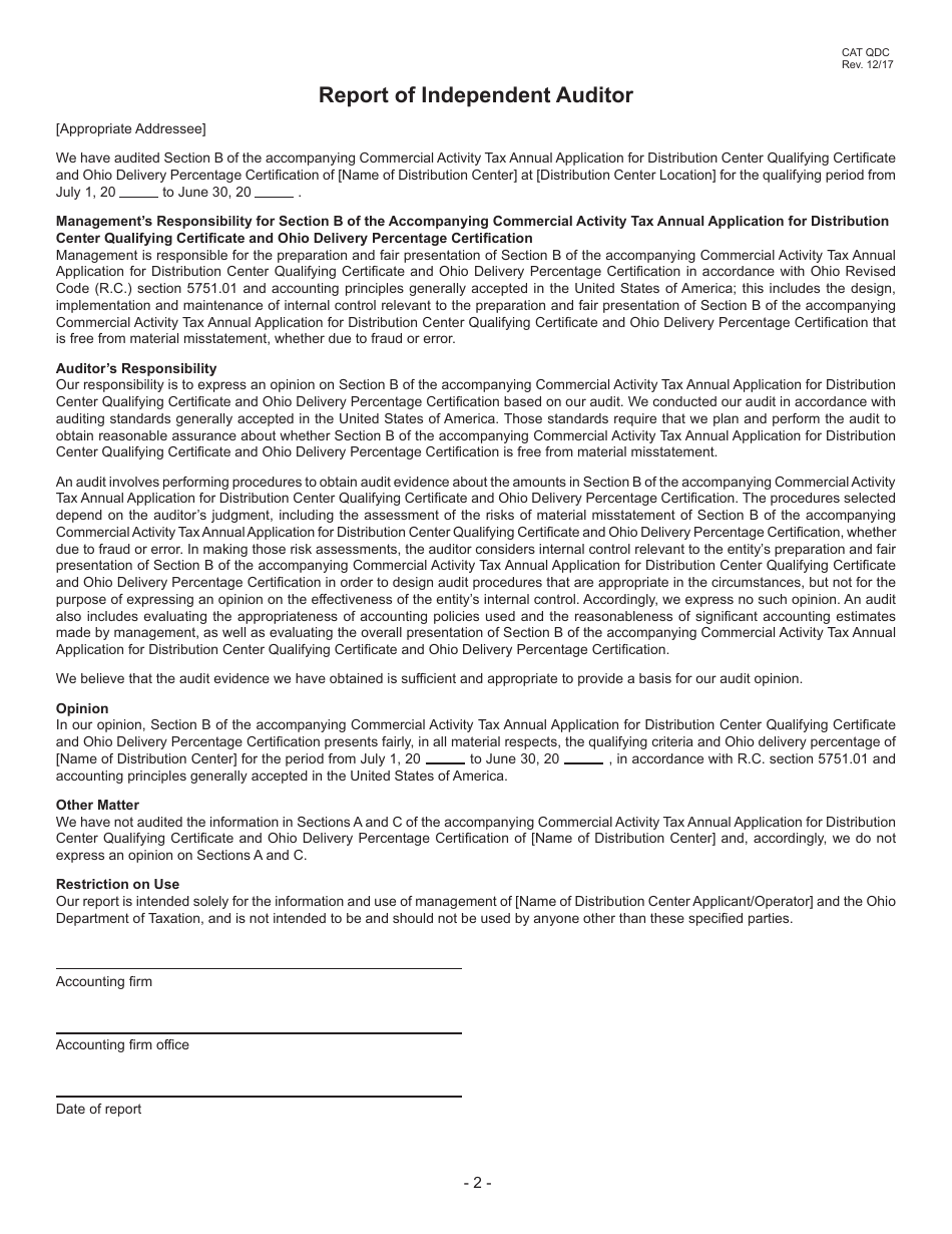 Form CAT QDC Annual Application for Distribution Center Qualifying Certificate - Ohio, Page 2