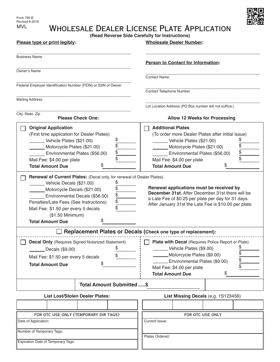 OTC Form 795-b Wholesale Dealer License Plate Application - Oklahoma, Page 1