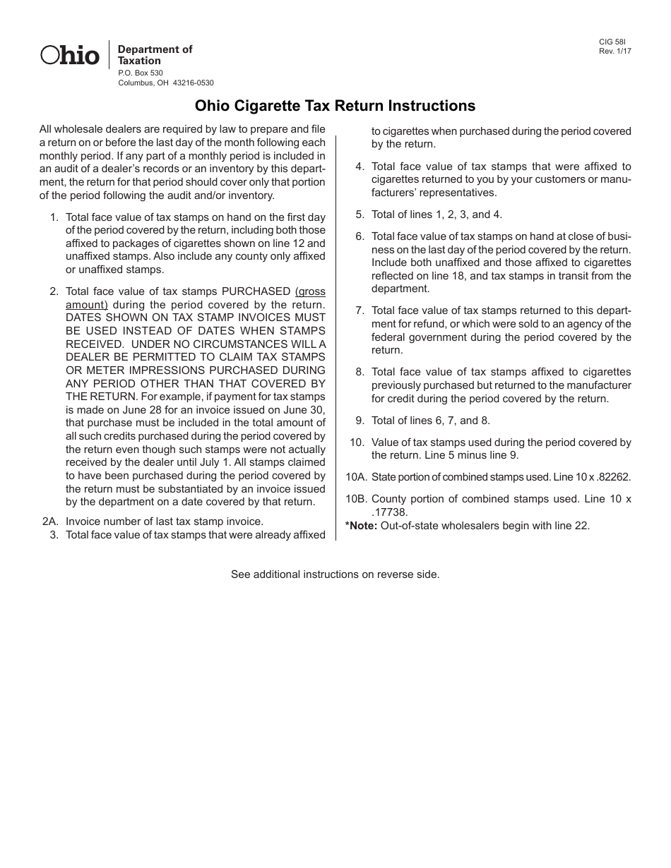 Instructions for Form CIG58 Ohio Cigarette Tax Return - Ohio, Page 1