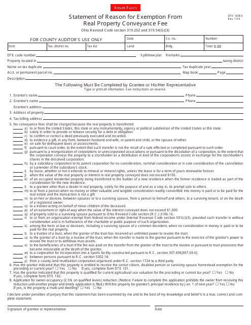 Form DTE100EX Statement of Reason for Exemption From Real Property Conveyance Fee - Ohio