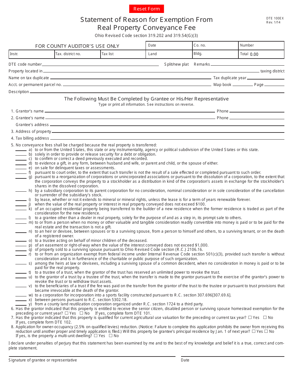 Form DTE100EX Statement of Reason for Exemption From Real Property Conveyance Fee - Ohio, Page 1