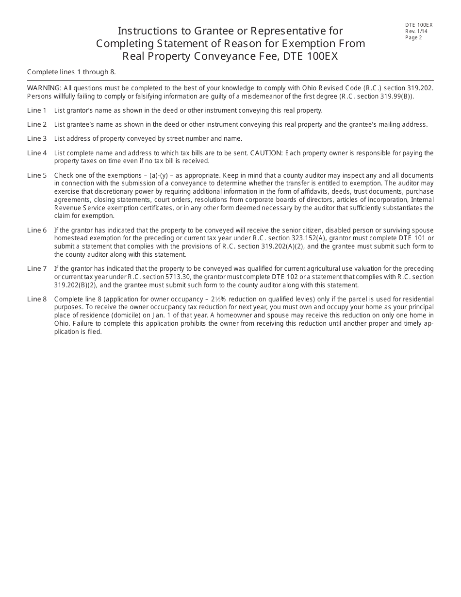 Form DTE100EX Fill Out, Sign Online and Download Fillable PDF, Ohio