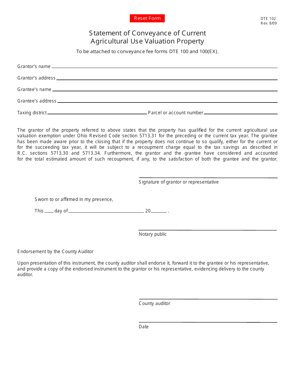 Form DTE102 Statement of Conveyance of Current Agricultural Use Valuation Property - Ohio, Page 1